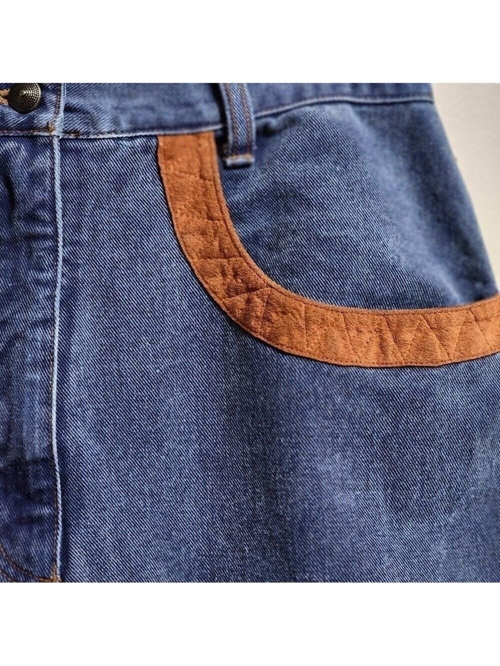Vintage maxi denim skirt color blue with brown suede details size 4 - Picture 4 of 4